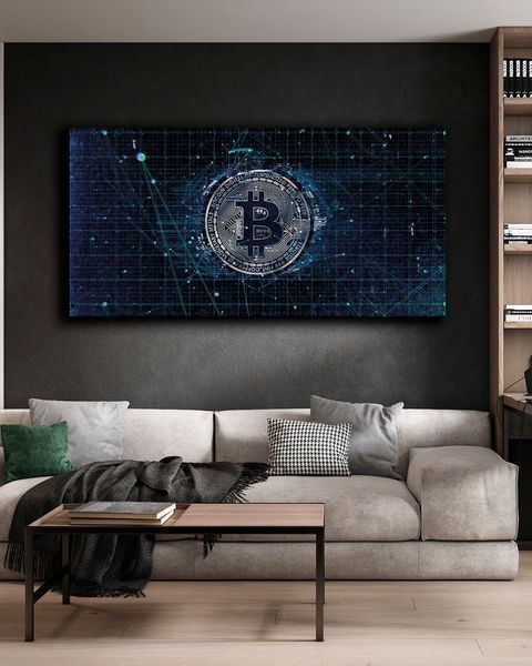 Картина на холсте - Bitcoin Blue для офиса и подарок трейдеру - 30х60 см