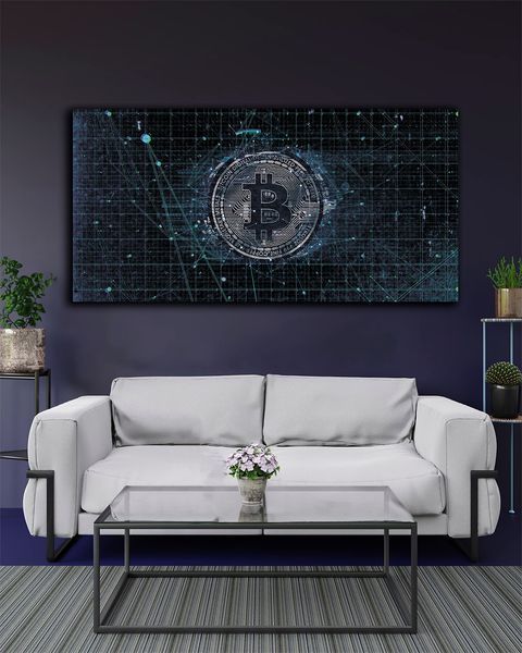 Картина на холсте - Bitcoin Blue для офиса и подарок трейдеру - 30х60 см