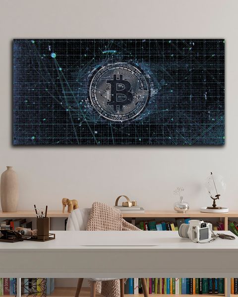 Картина на холсте - Bitcoin Blue для офиса и подарок трейдеру - 30х60 см