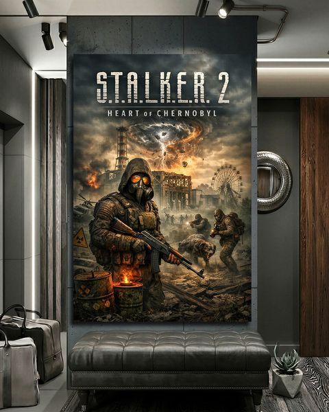 Картина Сталкер з протигазом зброєю та аномалією - Stalker 2 - 40х60 см