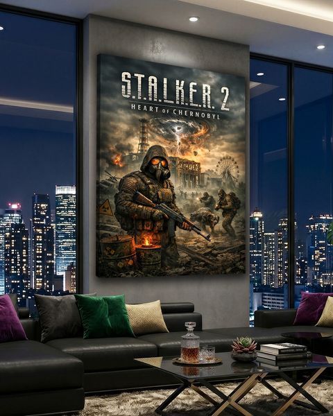 Картина Сталкер з протигазом зброєю та аномалією - Stalker 2 - 40х60 см