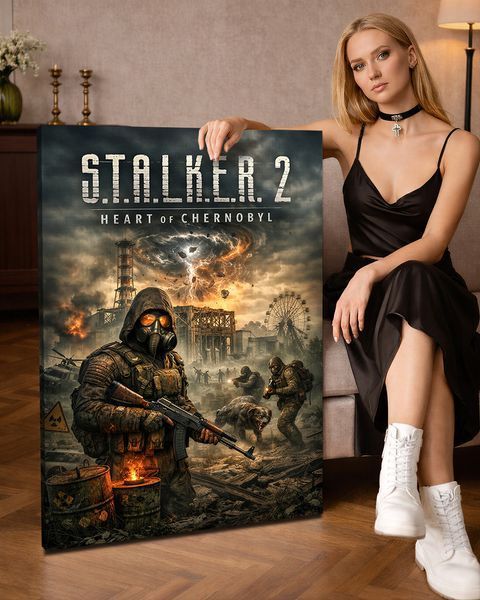 Картина Сталкер з протигазом зброєю та аномалією - Stalker 2 - 40х60 см