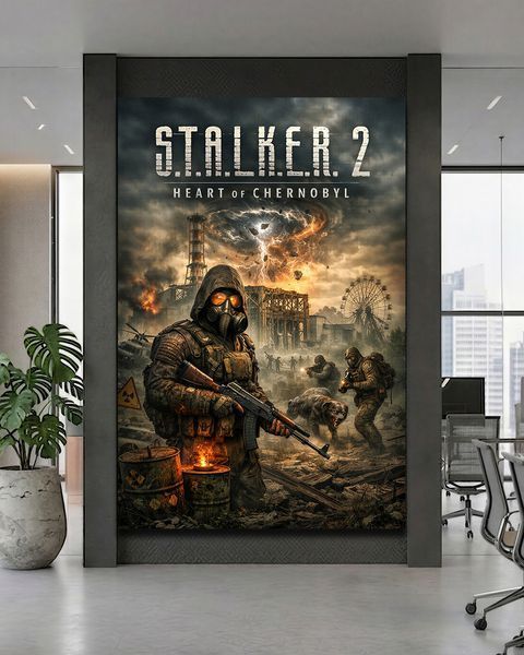 Картина Сталкер з протигазом зброєю та аномалією - Stalker 2 - 40х60 см