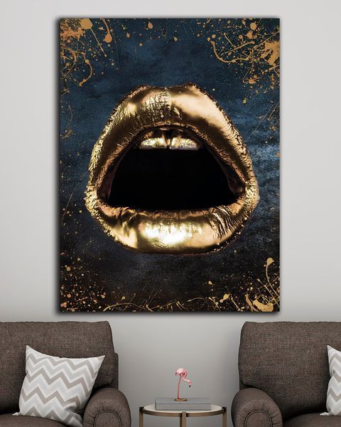 Картина с губами - Lips in Gold- 30х40 см