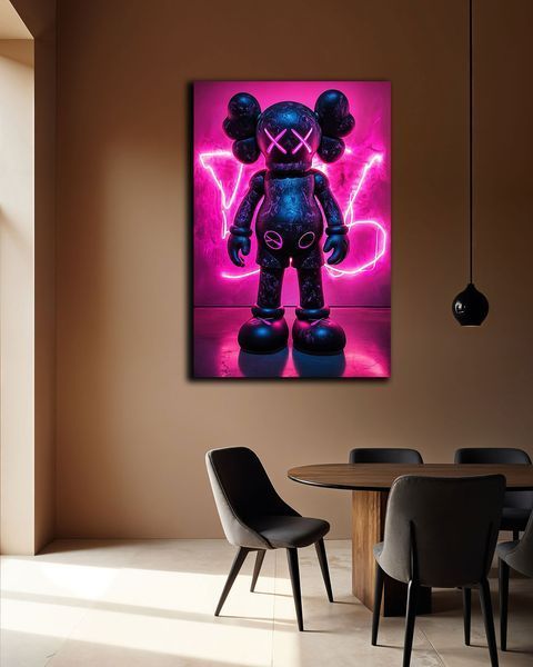 Поп-арт картина на холсте - KAWS Neon Art декор для офиса и кабинета - 40х60 см