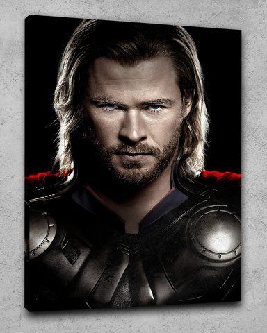 Картина на холсте с героем комиксов Тор Marvel в металлическом снаряжении - &laquo;Тор: Взгляд бога&raquo; - 30х40 см