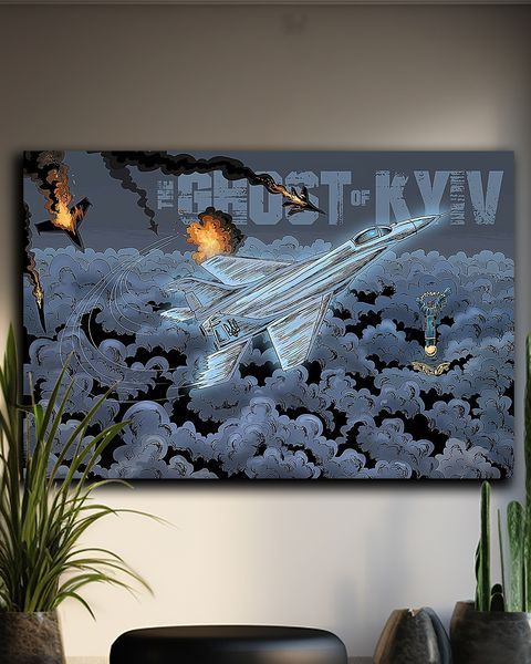 Патріотична картина з військовим літаком та хмарами &laquo;Привид Києва&raquo; - 50х70 см