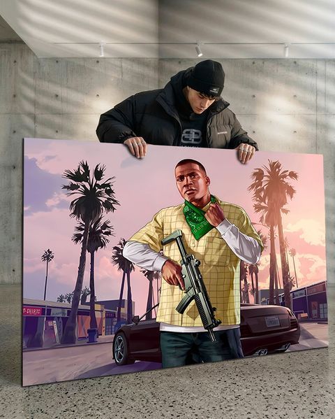 Картина на холсте с персонажем видеоигры с оружием - &laquo;Grand Theft Auto V&raquo; - 30х40 см