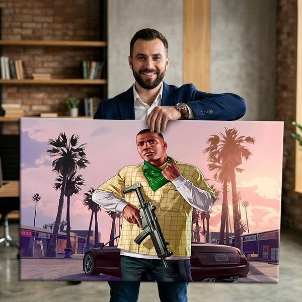 Картина на холсте с персонажем видеоигры с оружием - &laquo;Grand Theft Auto V&raquo; - 30х40 см