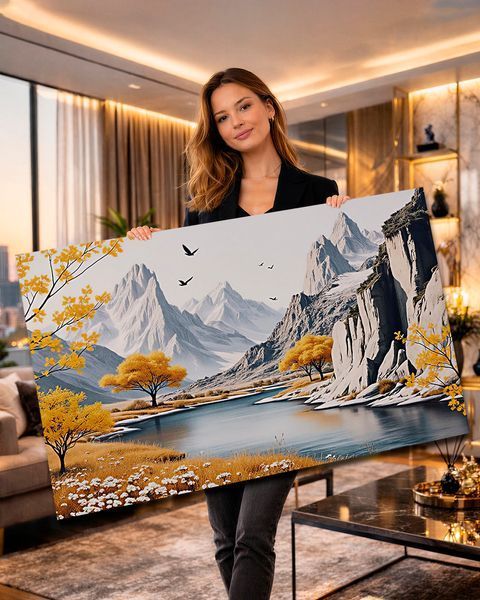 Пейзажная картина с горами для спальни &laquo;Горы у реки&raquo; 40х60 см