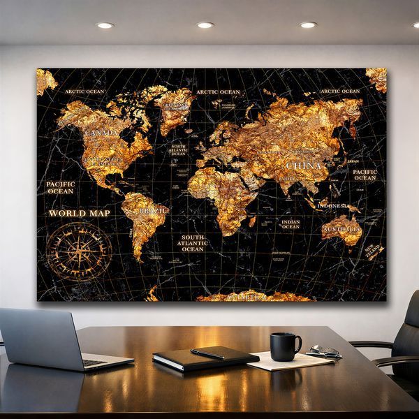 Современная картина карта мира с контурами материков и компасом - &laquo;Golden World Map&raquo; - 30х40 см