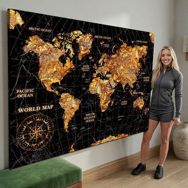 Современная картина карта мира с контурами материков и компасом - &laquo;Golden World Map&raquo; - 30х40 см