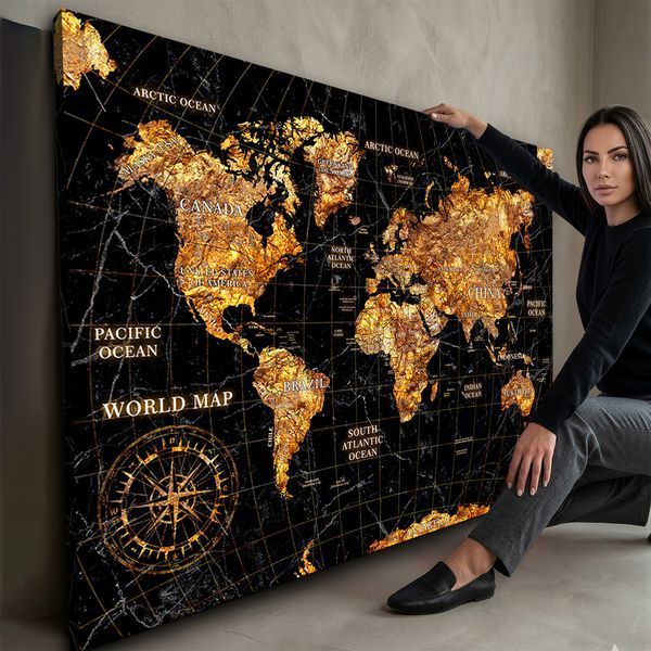 Современная картина карта мира с контурами материков и компасом - &laquo;Golden World Map&raquo; - 30х40 см