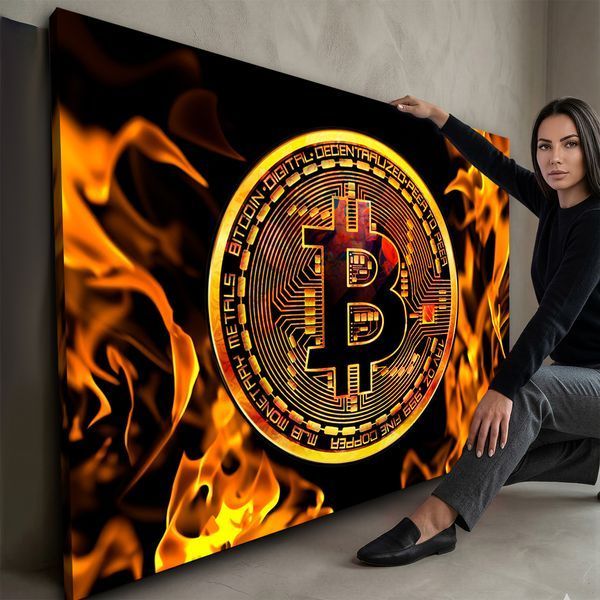 Картина на холсте Пылающий Bitcoin - Подарок трейдеру и декор в офис - 30х40 см