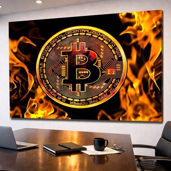 Картина на холсте Пылающий Bitcoin - Подарок трейдеру и декор в офис - 30х40 см
