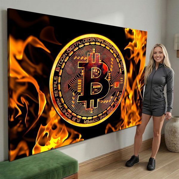 Картина на холсте Пылающий Bitcoin - Подарок трейдеру и декор в офис - 30х40 см