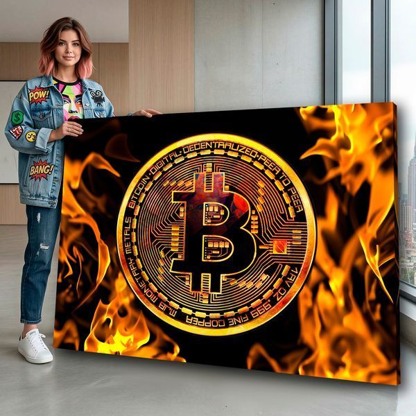 Картина на холсте Пылающий Bitcoin - Подарок трейдеру и декор в офис - 30х40 см