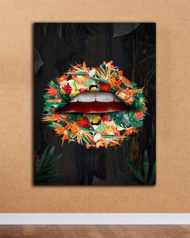 Картина с губами для интерьера - Lips Flowers - 50х70 см