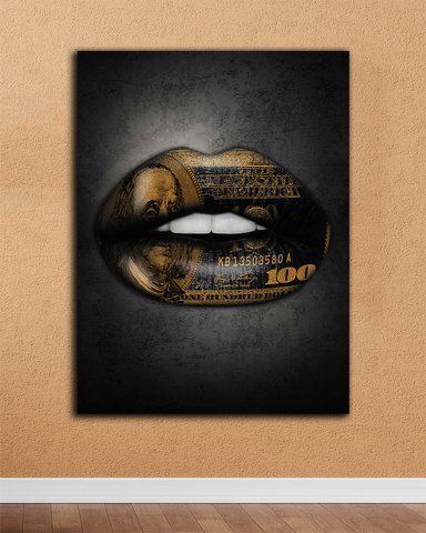 Денежная картина в офис губы с рисунком денег и зубами на холсте - Black Lips Dollar - 30х40 см. 50х70 см