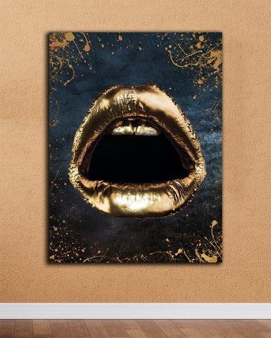 Картина с губами - Lips in Gold- 50х70 см