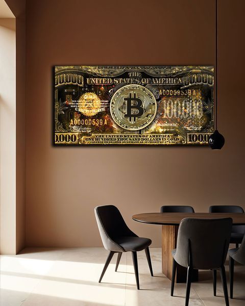 Картина на холсте Bitcoin Dollars Gold - Подарок руководителю и декор в офис - 50х100 см