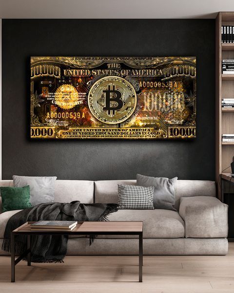 Картина на холсте Bitcoin Dollars Gold - Подарок руководителю и декор в офис - 50х100 см