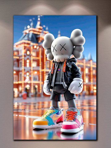 Поп-арт картина на полотні - KAWS у вогнях міста декор для офісу та кабінету - 40х60 см