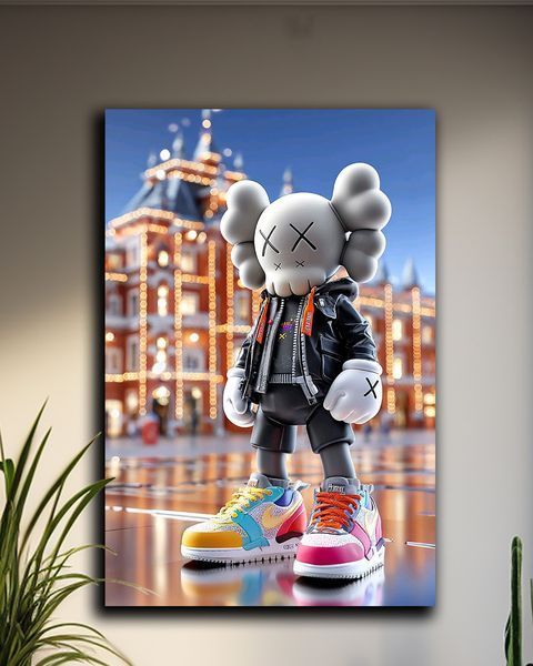 Поп-арт картина на холсте - KAWS в огнях города декор для офиса и кабинета - 40х60 см