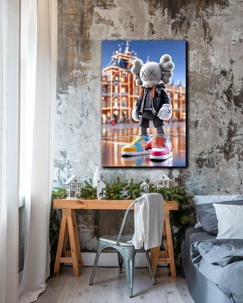 Поп-арт картина на холсте - KAWS в огнях города декор для офиса и кабинета - 40х60 см