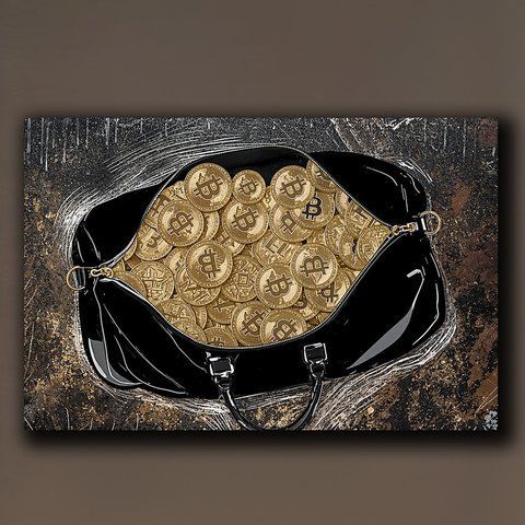 Картина на полотні Golden Bitcoins Bag - Подарунок трейдеру та декор для офісу - 80х120 см