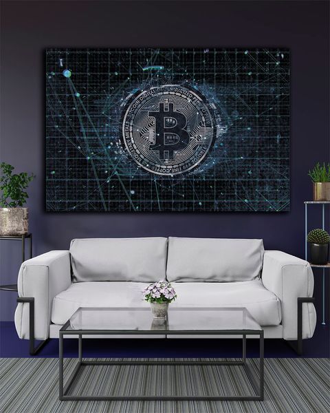 Бизнес картина на холсте - Bitcoin Blue Glitch для IT-офиса и инвесторов - 40х60 см
