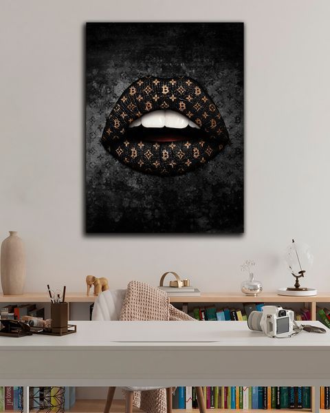 Картина с губами для офиса - black lips bitcoin - 30х40 см