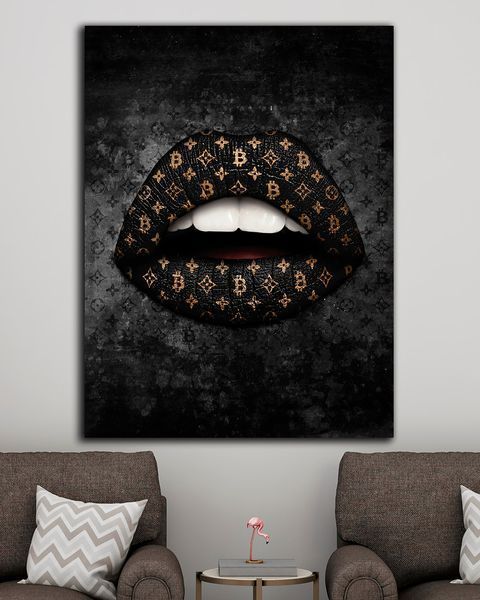 Картина с губами для офиса - black lips bitcoin - 30х40 см