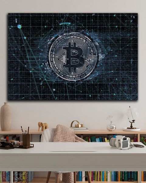 Бизнес картина на холсте - Bitcoin Blue Glitch для IT-офиса и инвесторов - 40х60 см