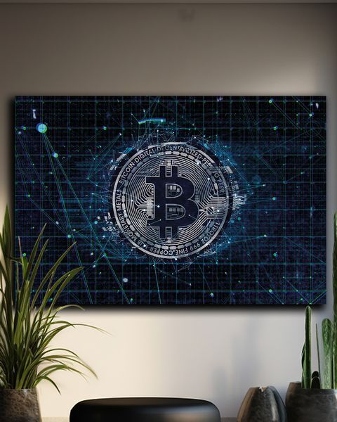 Бизнес картина на холсте - Bitcoin Blue Glitch для IT-офиса и инвесторов - 40х60 см