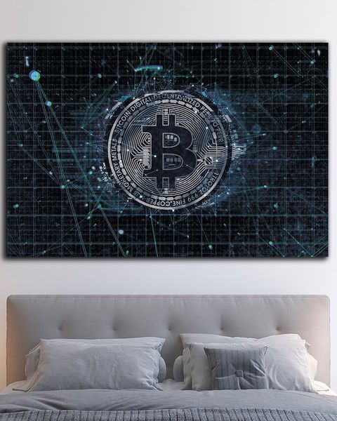 Бизнес картина на холсте - Bitcoin Blue Glitch для IT-офиса и инвесторов - 40х60 см