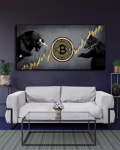 Картина на полотні Бик та Ведмедь Bitcoin - Подарунок трейдеру та декор в офіс - 30х60 см