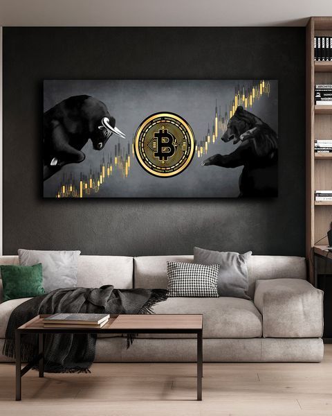 Картина на полотні Бик та Ведмедь Bitcoin - Подарунок трейдеру та декор в офіс - 30х60 см