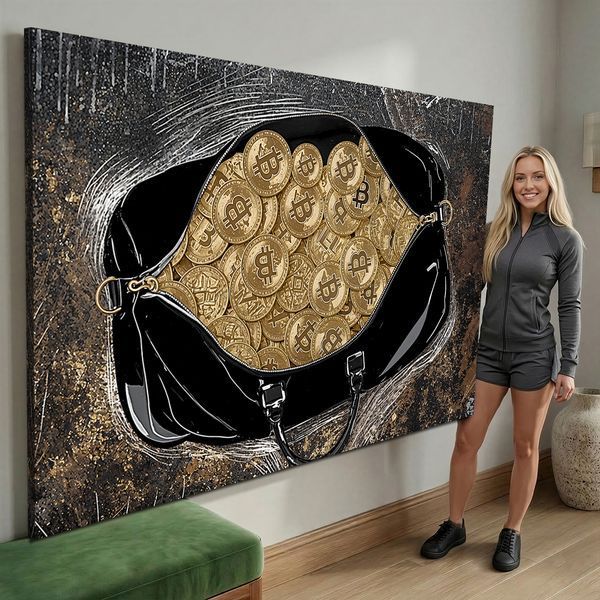 Картина на полотні Golden Bitcoins Bag - Подарунок трейдеру та декор для офісу - 40х60 см