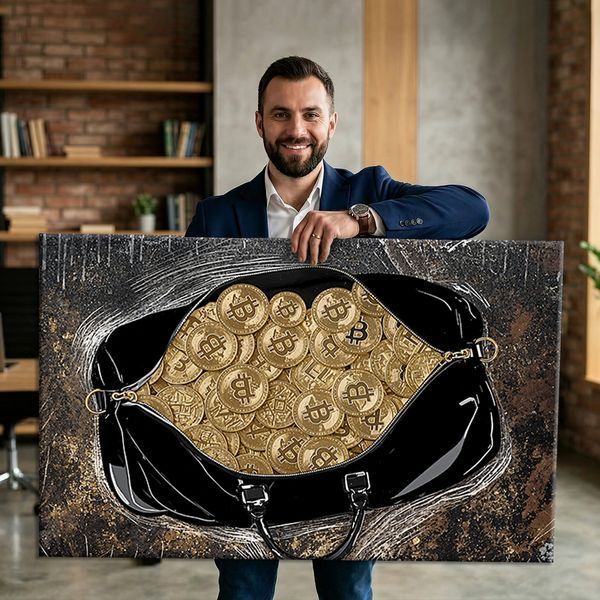 Картина на полотні Golden Bitcoins Bag - Подарунок трейдеру та декор для офісу - 40х60 см